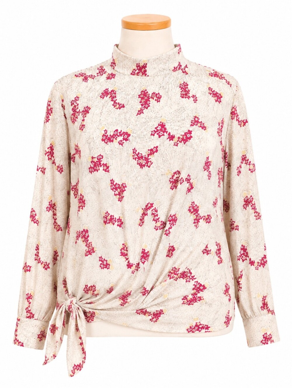 NWT Zara Mock Neck Floral Wrap Blouse Beige Red Side Tie Waist Top Size XXL